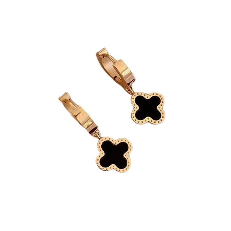 Clover Pendant Chunky Huggie Earrings - Black & Gold