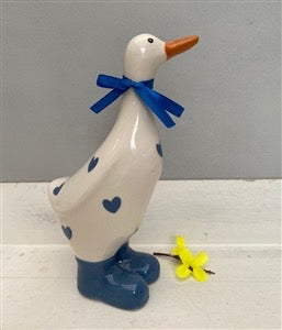 Large Ceramic Polka Dot Duck - Navy/Red Hearts