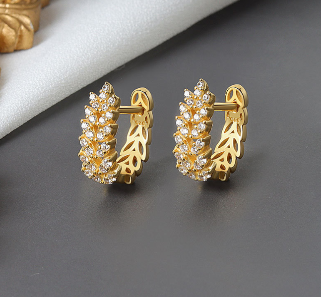 Crystal Leaf Huggie Earrings- Gold