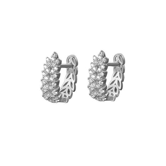 Crystal Leaf Huggie Earrings-Silver