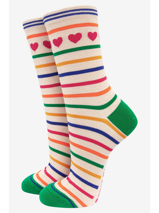 Women's Heart and Stripe Print Bamboo Socks