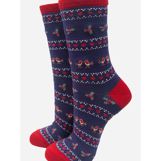 Ladies Fair Isle Style Robin and Holly Print Bamboo Socks