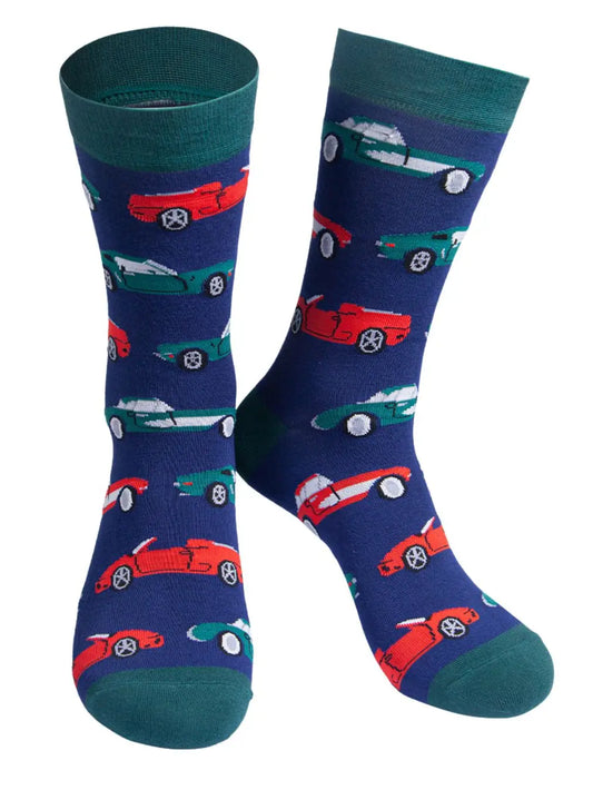 Men's Navy Blue Classic Car Print Bamboo Socks